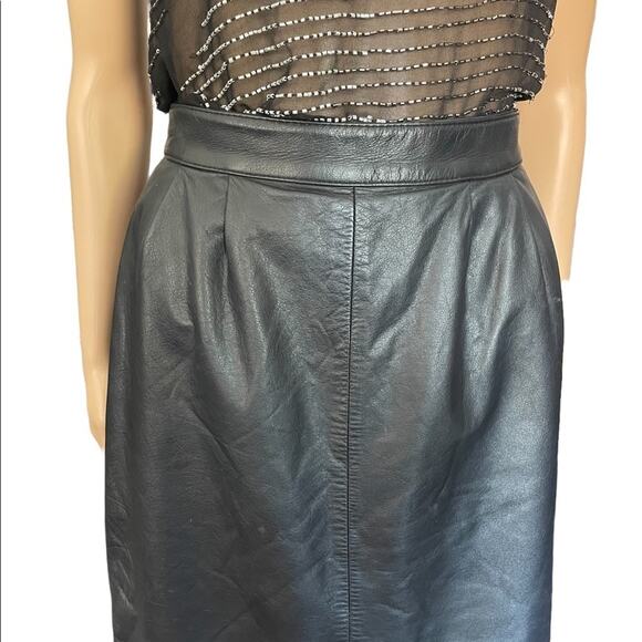 Vintage Design Assets genuine leather black pleated pencil skirt size 6 - Picture 3 of 14